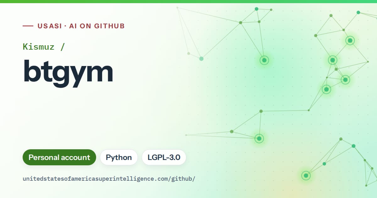 Generated green constellation network artwork for Kismuz/btgym, labeled USASI · AI on GitHub, with Personal account · Python · LGPL-3.0.
