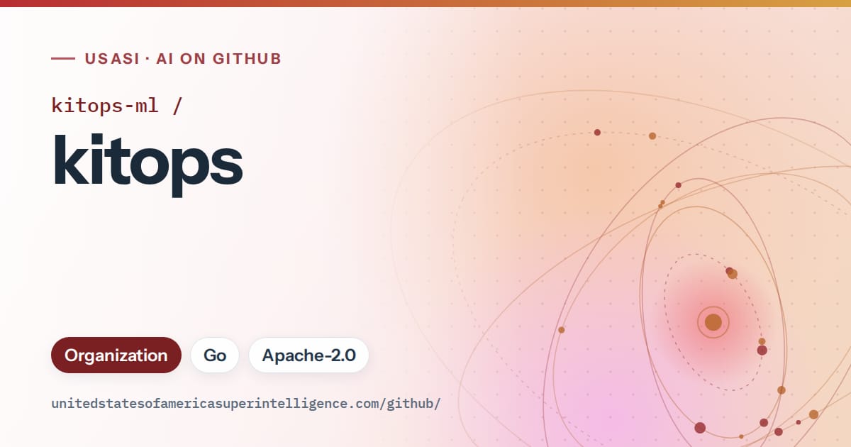 Generated red orbit artwork for kitops-ml/kitops, labeled USASI · AI on GitHub, with Organization · Go · Apache-2.0.