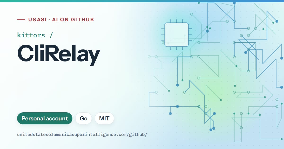 Generated teal circuit-trace artwork for kittors/CliRelay, labeled USASI · AI on GitHub, with Personal account · Go · MIT.