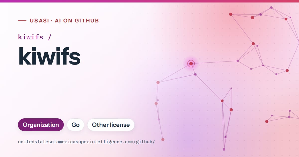 Generated purple constellation network artwork for kiwifs/kiwifs, labeled USASI · AI on GitHub, with Organization · Go · Other license.