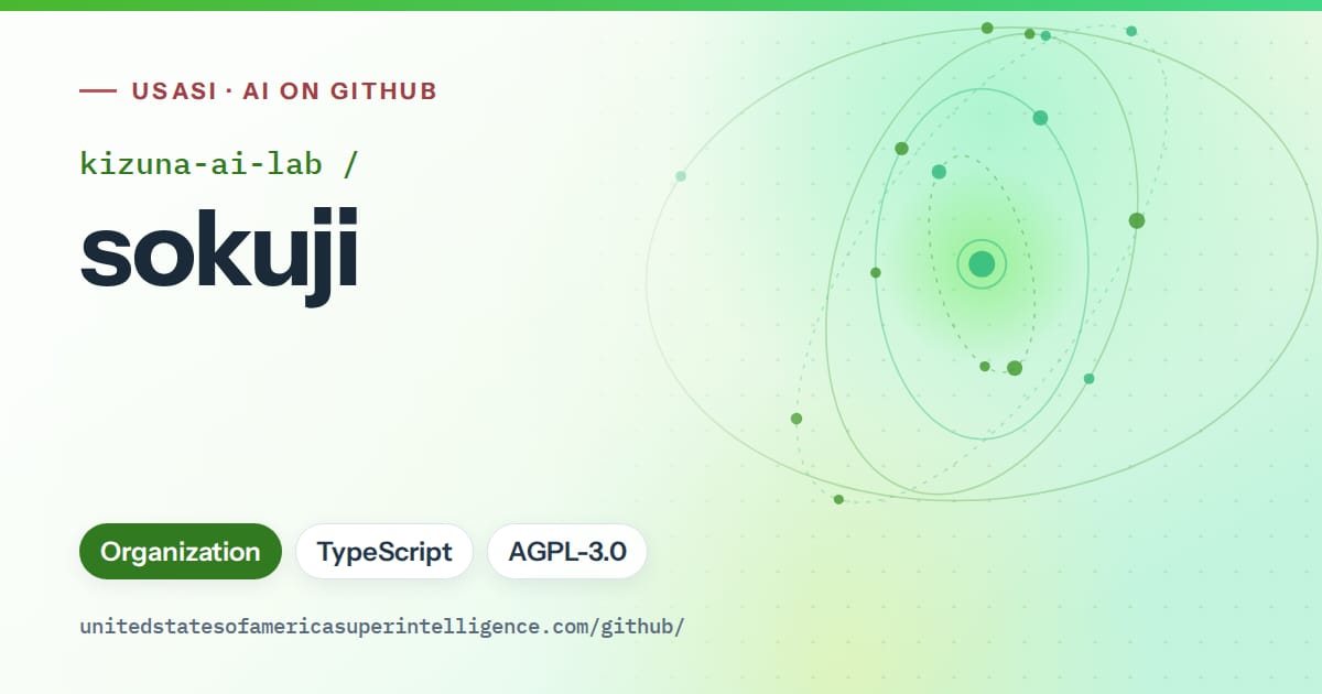 Generated green orbit artwork for kizuna-ai-lab/sokuji, labeled USASI · AI on GitHub, with Organization · TypeScript · AGPL-3.0.