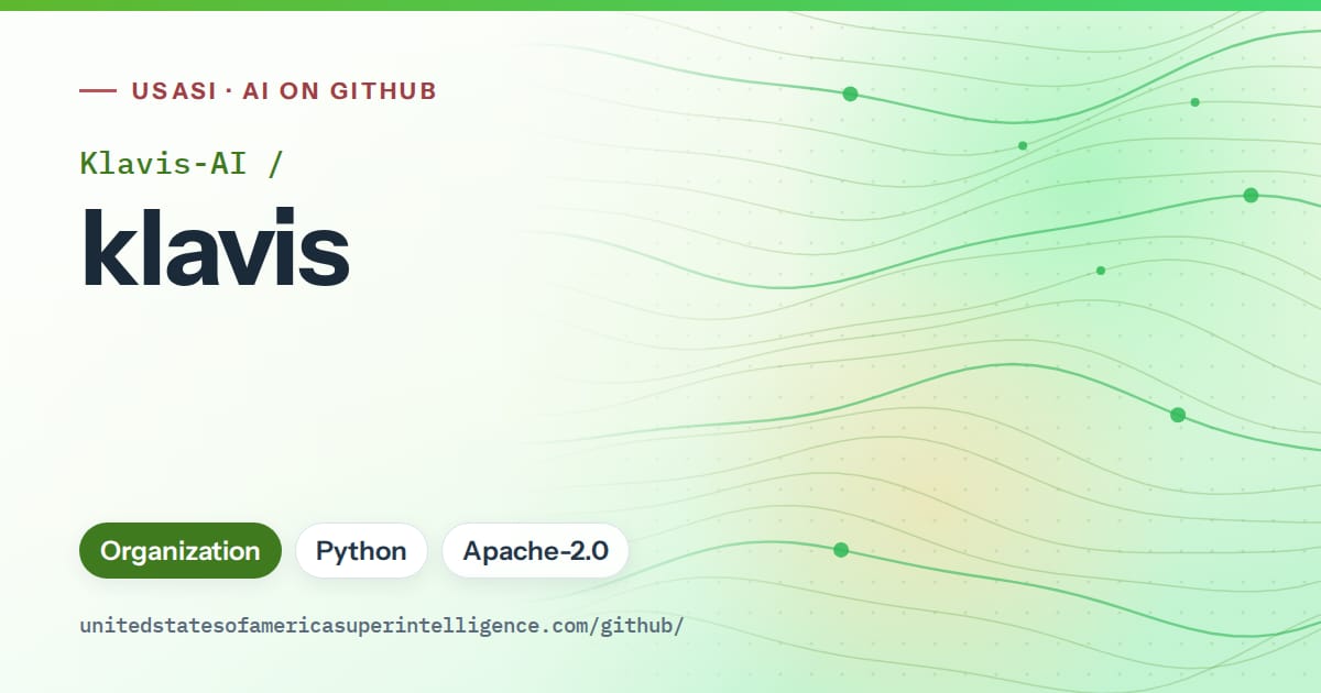 Generated green flowing-wave artwork for Klavis-AI/klavis, labeled USASI · AI on GitHub, with Organization · Python · Apache-2.0.