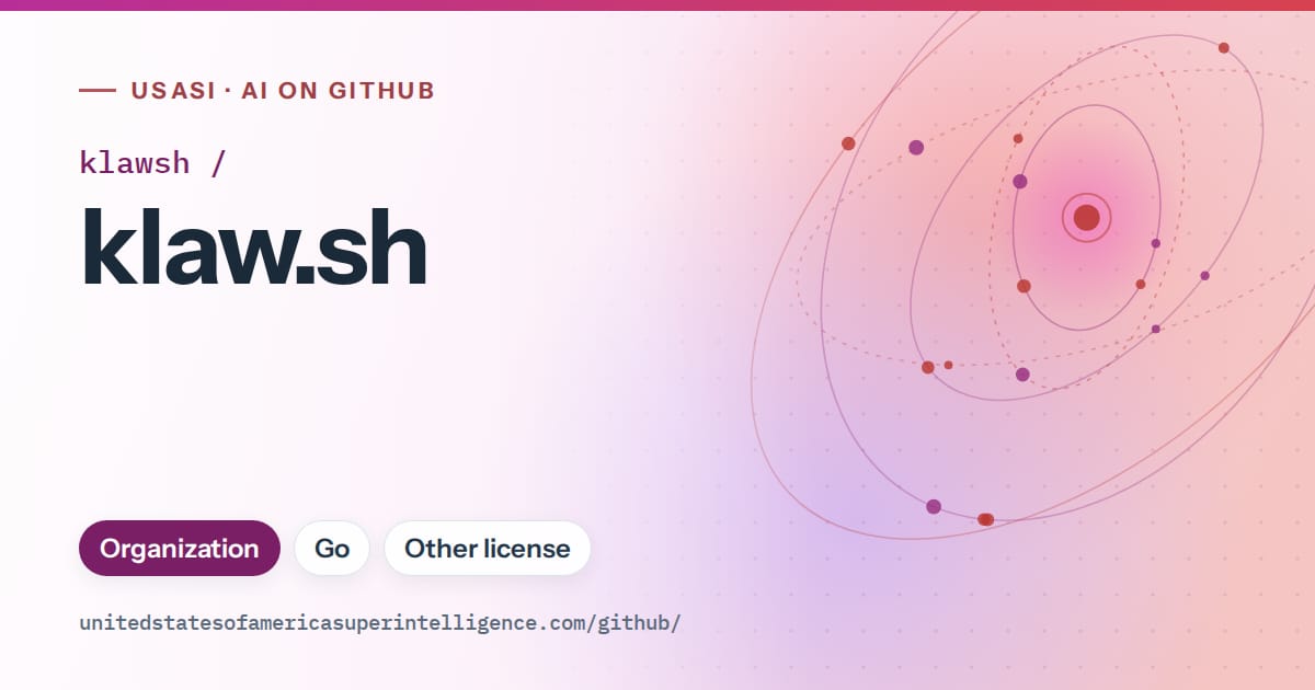 Generated purple orbit artwork for klawsh/klaw.sh, labeled USASI · AI on GitHub, with Organization · Go · Other license.