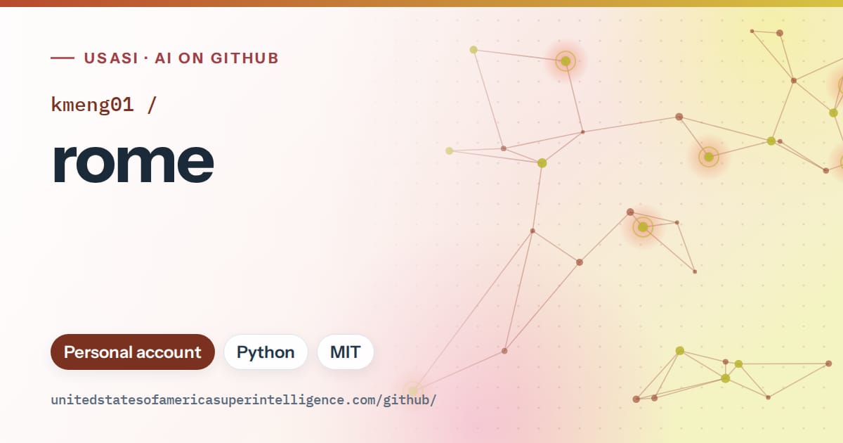 Generated red constellation network artwork for kmeng01/rome, labeled USASI · AI on GitHub, with Personal account · Python · MIT.