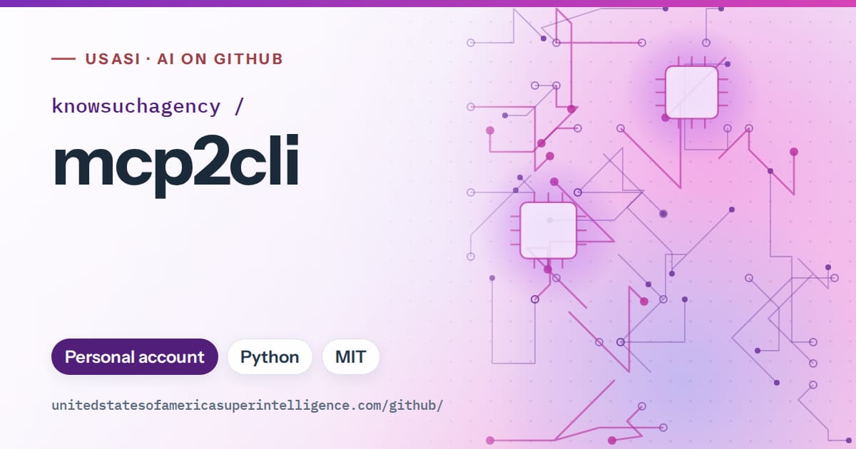 Generated violet circuit-trace artwork for knowsuchagency/mcp2cli, labeled USASI · AI on GitHub, with Personal account · Python · MIT.