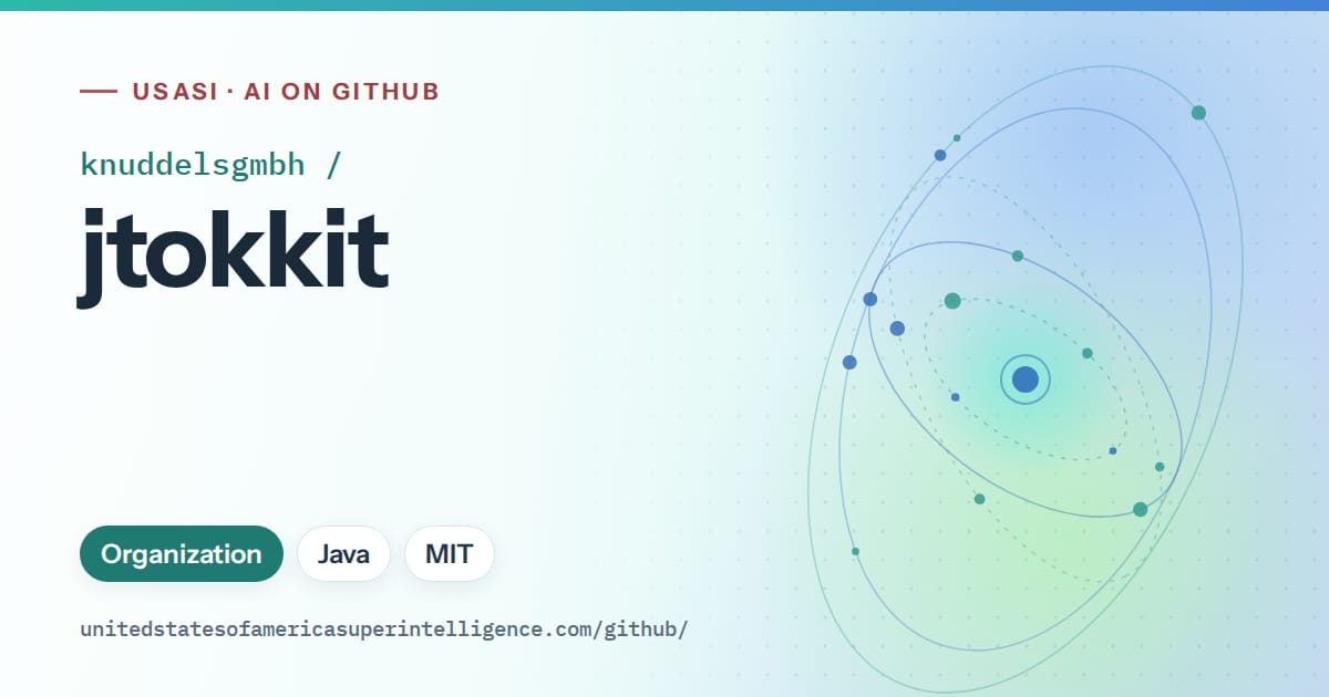 Generated teal orbit artwork for knuddelsgmbh/jtokkit, labeled USASI · AI on GitHub, with Organization · Java · MIT.