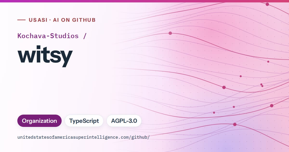 Generated purple flowing-wave artwork for Kochava-Studios/witsy, labeled USASI · AI on GitHub, with Organization · TypeScript · AGPL-3.0.