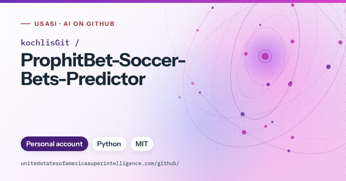 Generated violet orbit artwork for kochlisGit/ProphitBet-Soccer-Bets-Predictor, labeled USASI · AI on GitHub, with Personal account · Python · MIT.