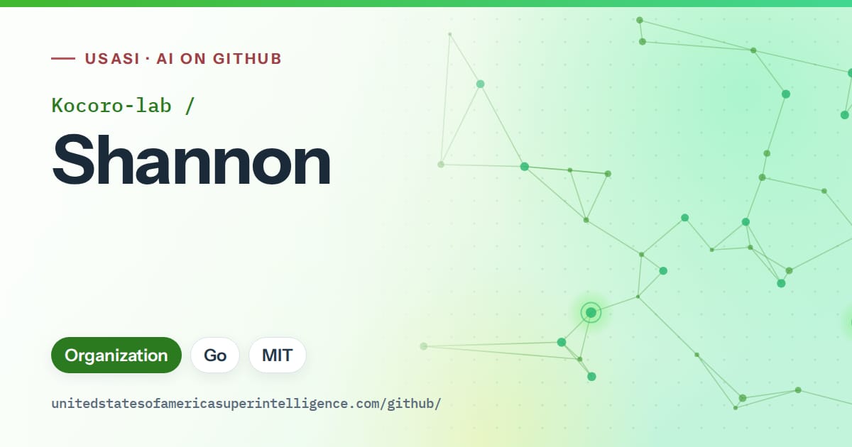 Generated green constellation network artwork for Kocoro-lab/Shannon, labeled USASI · AI on GitHub, with Organization · Go · MIT.