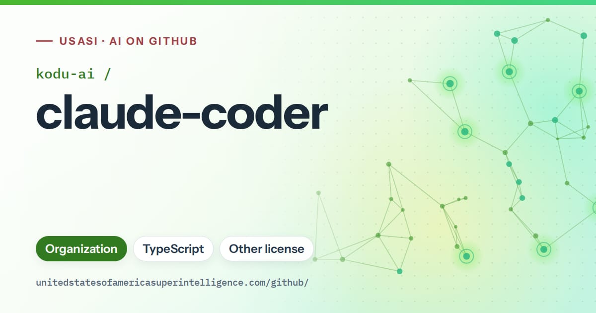 Generated green constellation network artwork for kodu-ai/claude-coder, labeled USASI · AI on GitHub, with Organization · TypeScript · Other license.