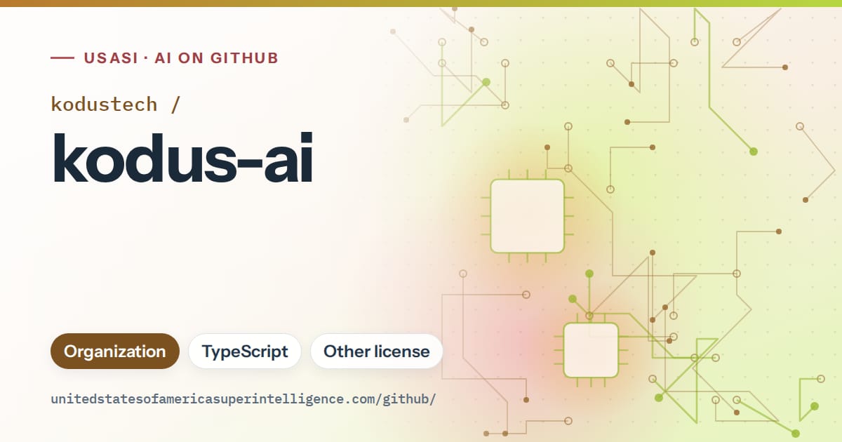 Generated orange circuit-trace artwork for kodustech/kodus-ai, labeled USASI · AI on GitHub, with Organization · TypeScript · Other license.