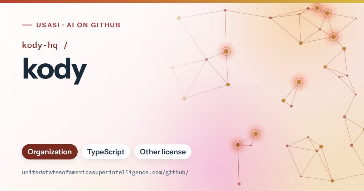 Generated red constellation network artwork for kody-hq/kody, labeled USASI · AI on GitHub, with Organization · TypeScript · Other license.