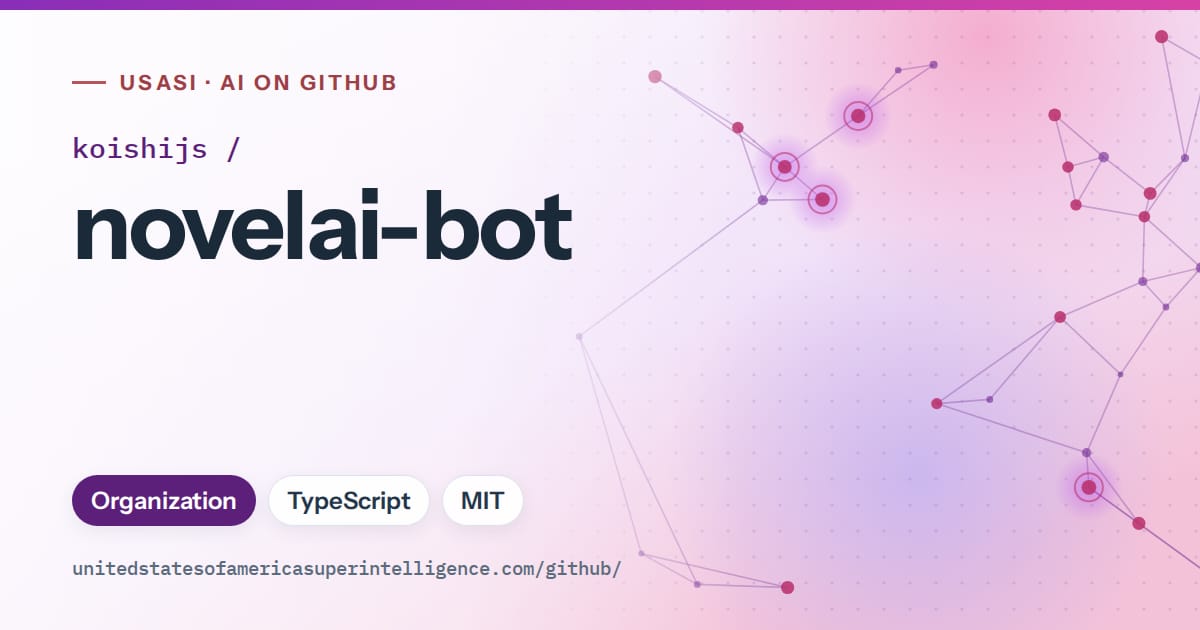 Generated violet constellation network artwork for koishijs/novelai-bot, labeled USASI · AI on GitHub, with Organization · TypeScript · MIT.