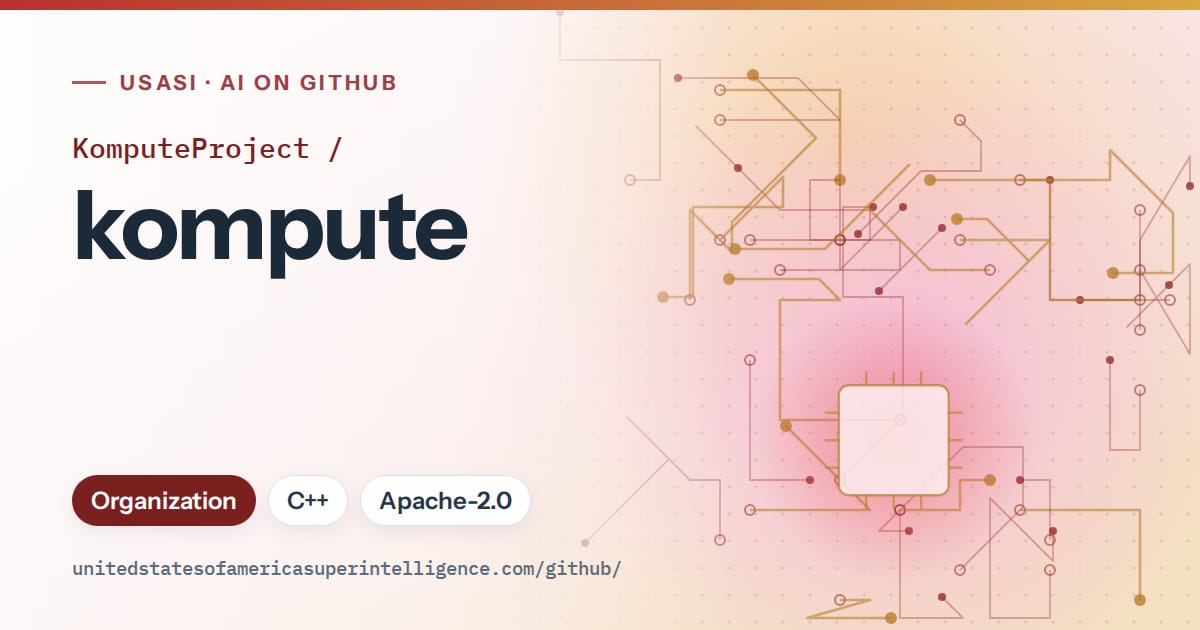 Generated red circuit-trace artwork for KomputeProject/kompute, labeled USASI · AI on GitHub, with Organization · C++ · Apache-2.0.
