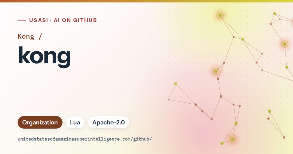 Generated orange constellation network artwork for Kong/kong, labeled USASI · AI on GitHub, with Organization · Lua · Apache-2.0.
