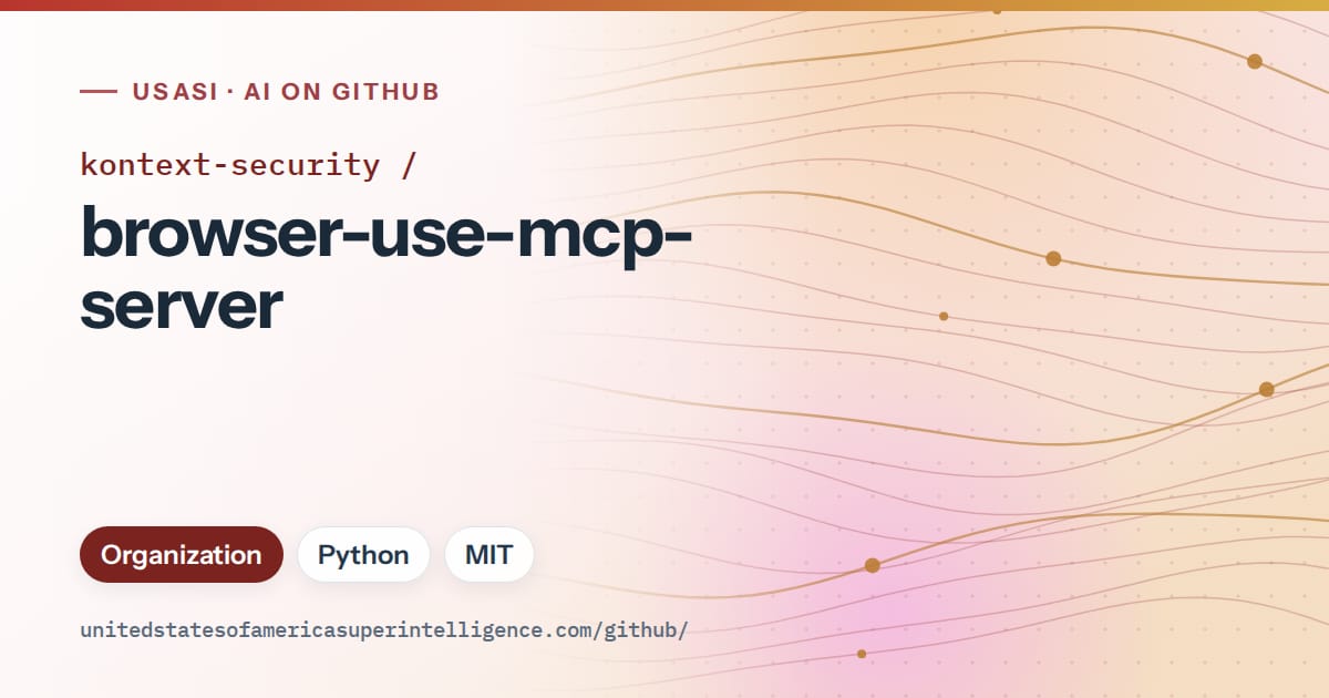 Generated red flowing-wave artwork for kontext-security/browser-use-mcp-server, labeled USASI · AI on GitHub, with Organization · Python · MIT.