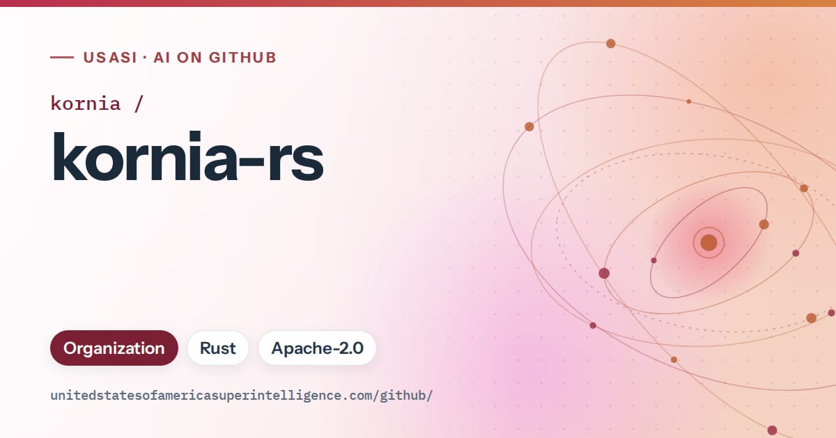 Generated red orbit artwork for kornia/kornia-rs, labeled USASI · AI on GitHub, with Organization · Rust · Apache-2.0.