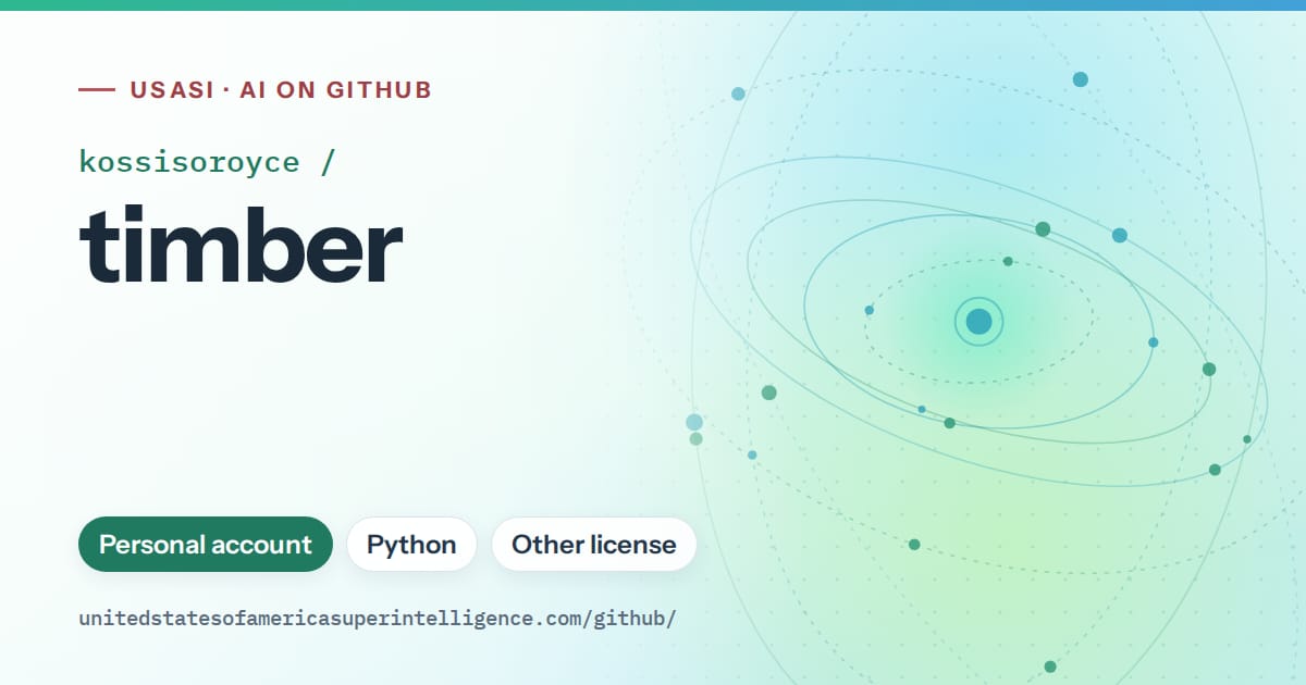 Generated teal orbit artwork for kossisoroyce/timber, labeled USASI · AI on GitHub, with Personal account · Python · Other license.