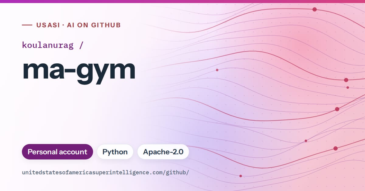 Generated purple flowing-wave artwork for koulanurag/ma-gym, labeled USASI · AI on GitHub, with Personal account · Python · Apache-2.0.