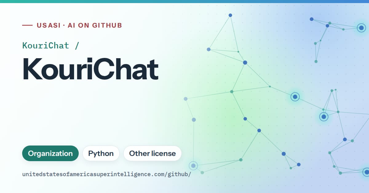 Generated teal constellation network artwork for KouriChat/KouriChat, labeled USASI · AI on GitHub, with Organization · Python · Other license.