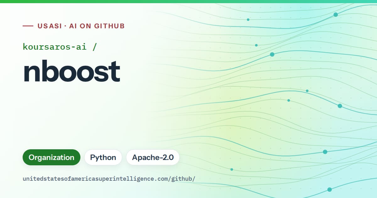 Generated green flowing-wave artwork for koursaros-ai/nboost, labeled USASI · AI on GitHub, with Organization · Python · Apache-2.0.