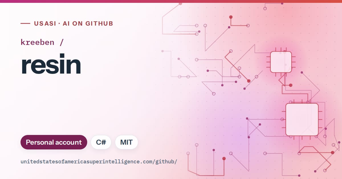 Generated pink circuit-trace artwork for kreeben/resin, labeled USASI · AI on GitHub, with Personal account · C# · MIT.