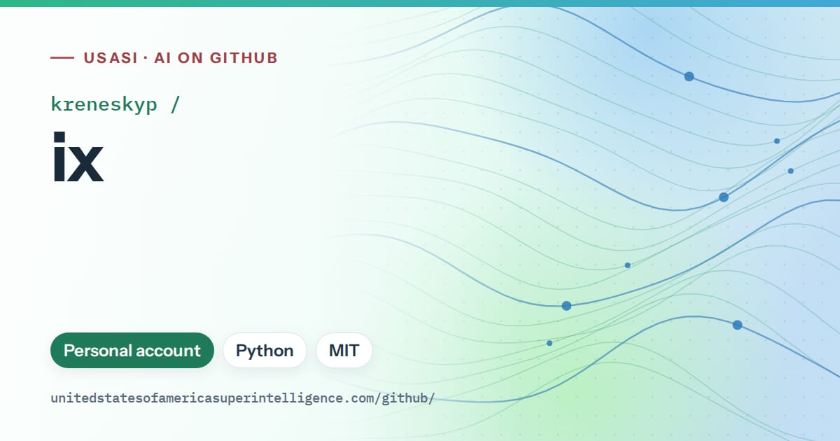Generated teal flowing-wave artwork for kreneskyp/ix, labeled USASI · AI on GitHub, with Personal account · Python · MIT.