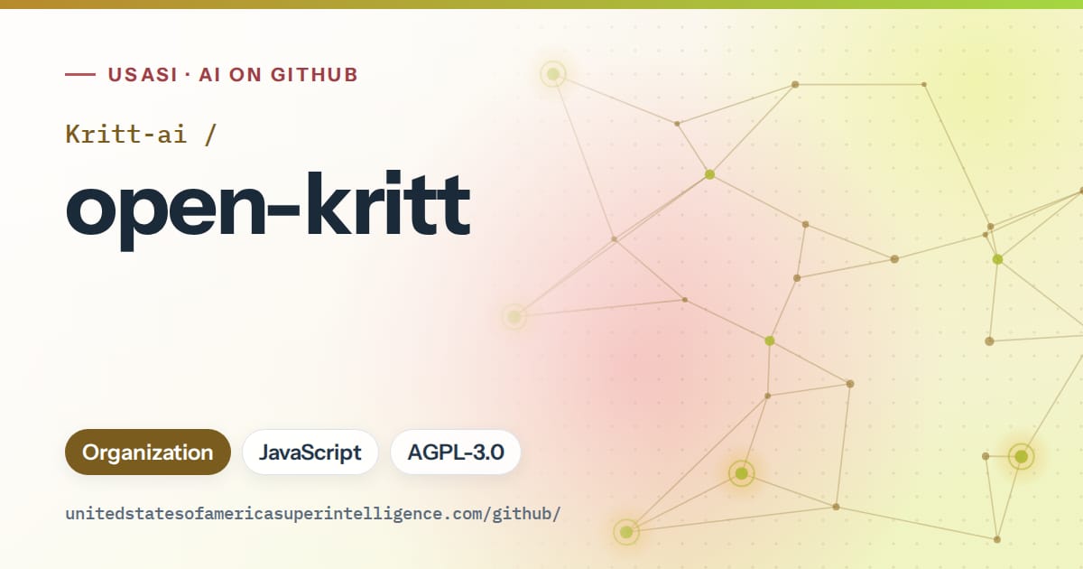 Generated orange constellation network artwork for Kritt-ai/open-kritt, labeled USASI · AI on GitHub, with Organization · JavaScript · AGPL-3.0.