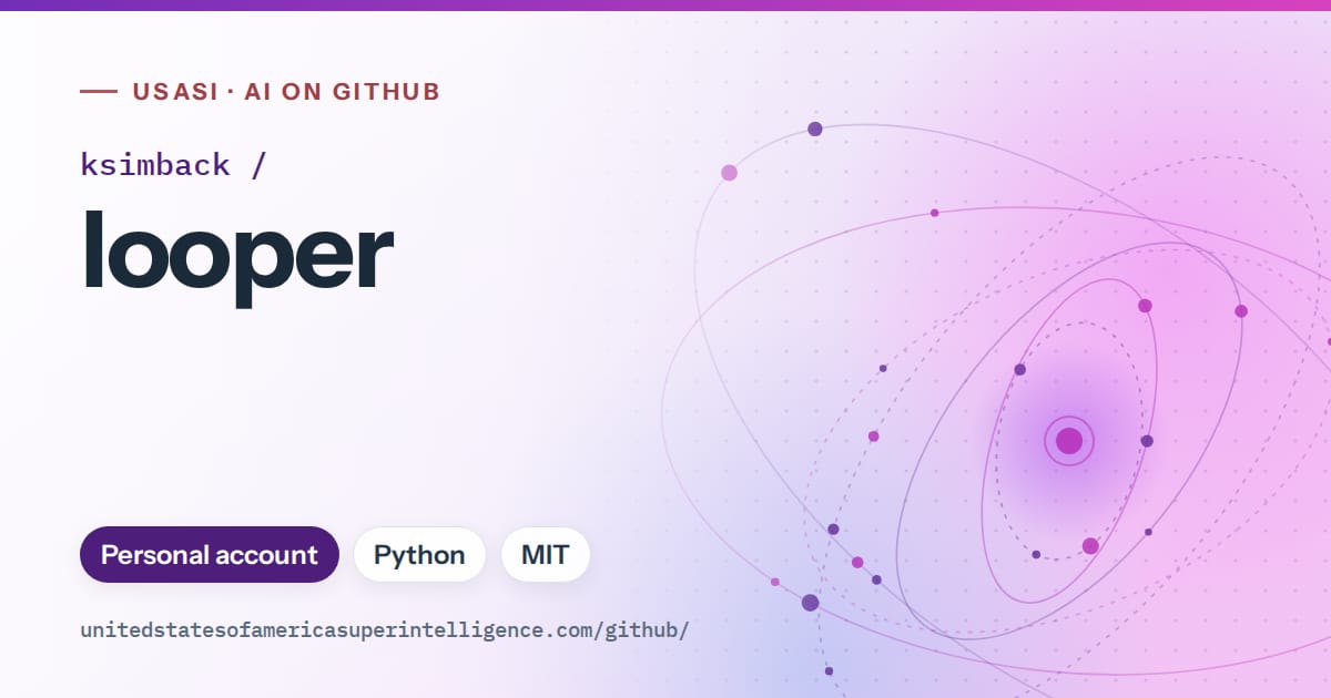 Generated violet orbit artwork for ksimback/looper, labeled USASI · AI on GitHub, with Personal account · Python · MIT.