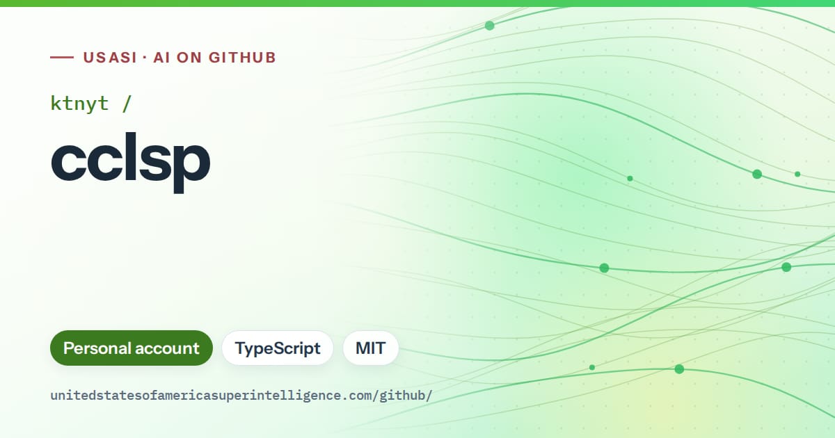 Generated green flowing-wave artwork for ktnyt/cclsp, labeled USASI · AI on GitHub, with Personal account · TypeScript · MIT.