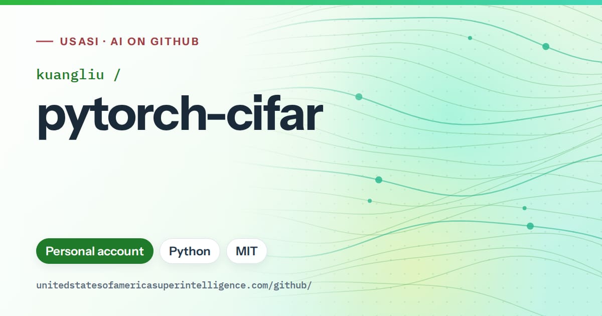 Generated green flowing-wave artwork for kuangliu/pytorch-cifar, labeled USASI · AI on GitHub, with Personal account · Python · MIT.