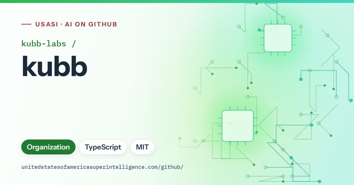 Generated green circuit-trace artwork for kubb-labs/kubb, labeled USASI · AI on GitHub, with Organization · TypeScript · MIT.