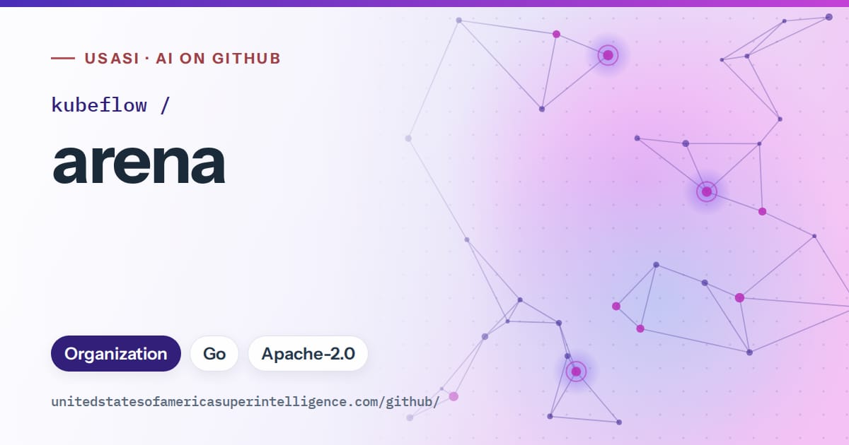 Generated violet constellation network artwork for kubeflow/arena, labeled USASI · AI on GitHub, with Organization · Go · Apache-2.0.