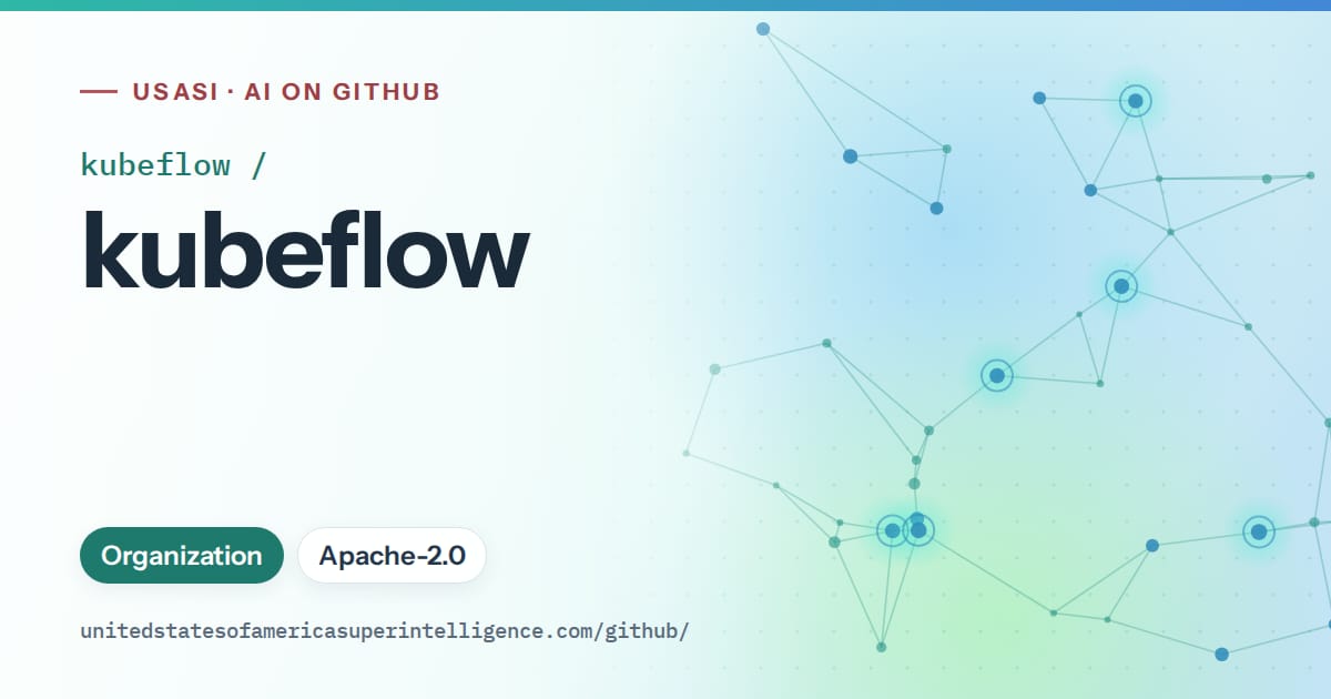 Generated teal constellation network artwork for kubeflow/kubeflow, labeled USASI · AI on GitHub, with Organization · Apache-2.0.