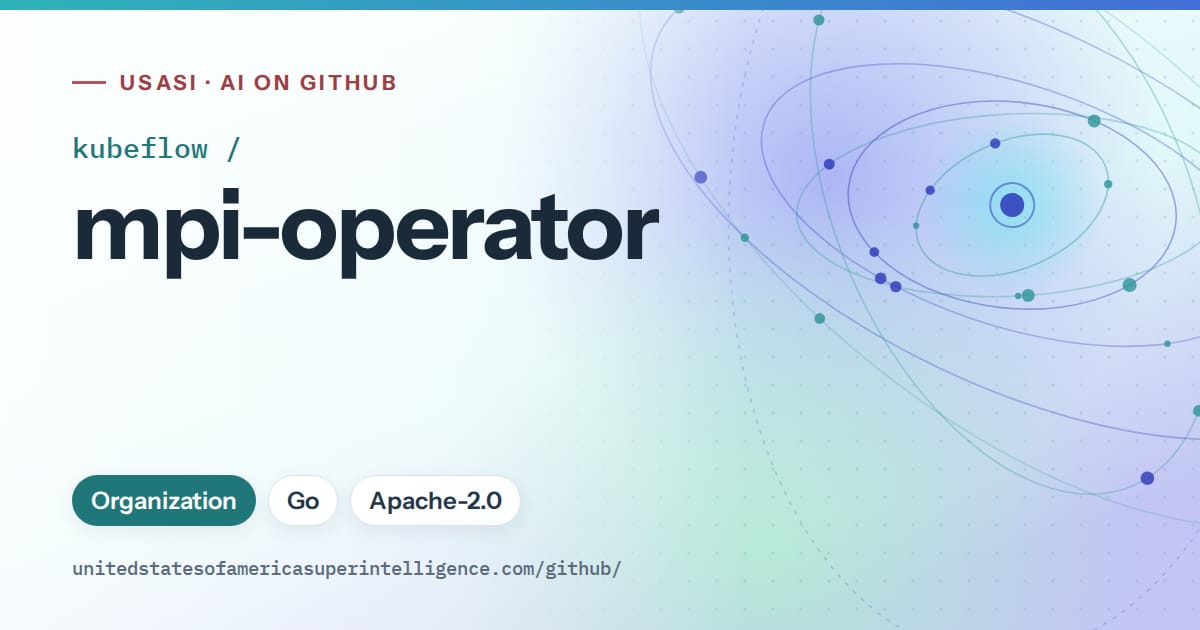 Generated teal orbit artwork for kubeflow/mpi-operator, labeled USASI · AI on GitHub, with Organization · Go · Apache-2.0.