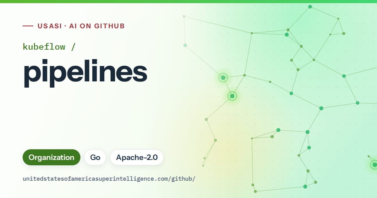 Generated green constellation network artwork for kubeflow/pipelines, labeled USASI · AI on GitHub, with Organization · Go · Apache-2.0.