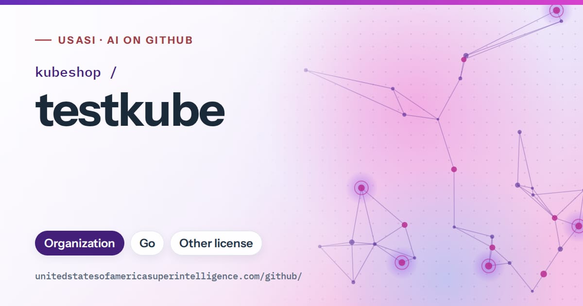 Generated violet constellation network artwork for kubeshop/testkube, labeled USASI · AI on GitHub, with Organization · Go · Other license.