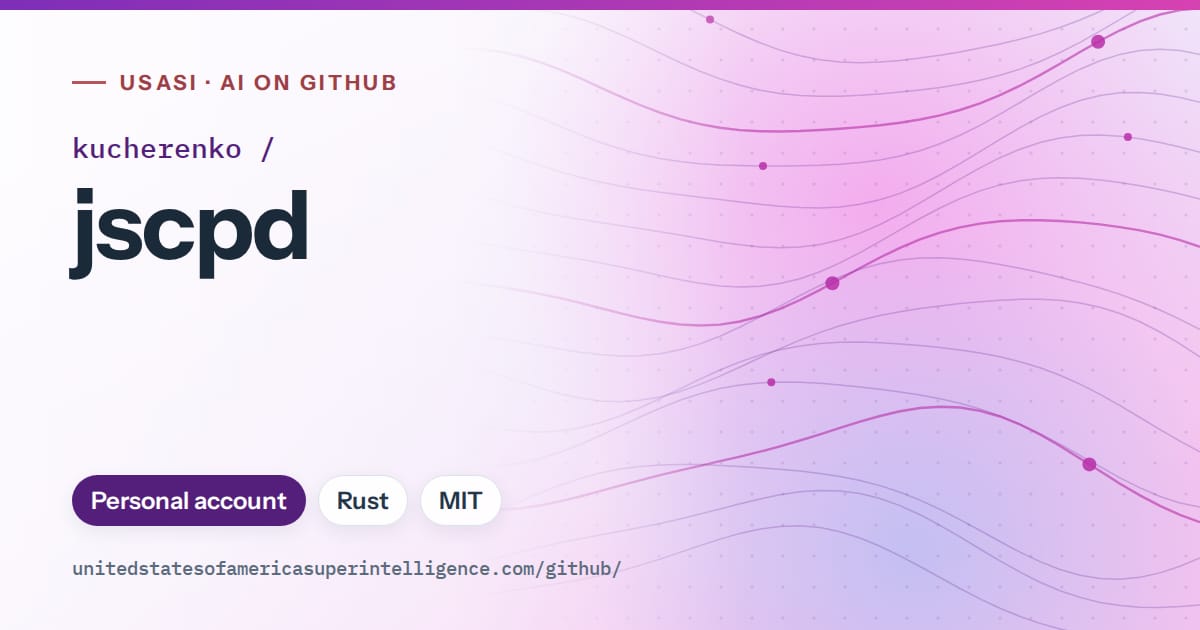 Generated violet flowing-wave artwork for kucherenko/jscpd, labeled USASI · AI on GitHub, with Personal account · Rust · MIT.