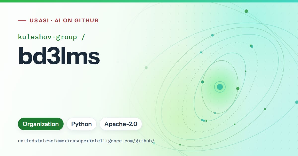 Generated green orbit artwork for kuleshov-group/bd3lms, labeled USASI · AI on GitHub, with Organization · Python · Apache-2.0.