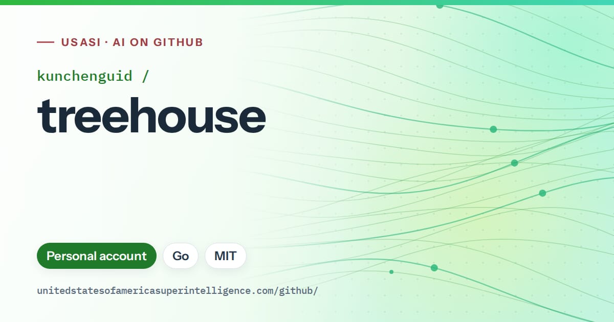 Generated green flowing-wave artwork for kunchenguid/treehouse, labeled USASI · AI on GitHub, with Personal account · Go · MIT.