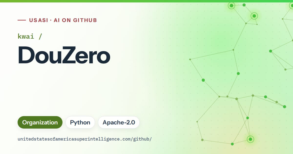 Generated green constellation network artwork for kwai/DouZero, labeled USASI · AI on GitHub, with Organization · Python · Apache-2.0.