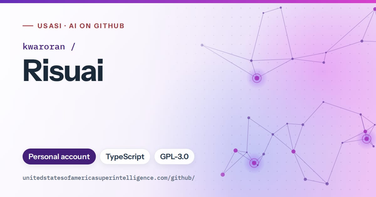 Generated violet constellation network artwork for kwaroran/Risuai, labeled USASI · AI on GitHub, with Personal account · TypeScript · GPL-3.0.