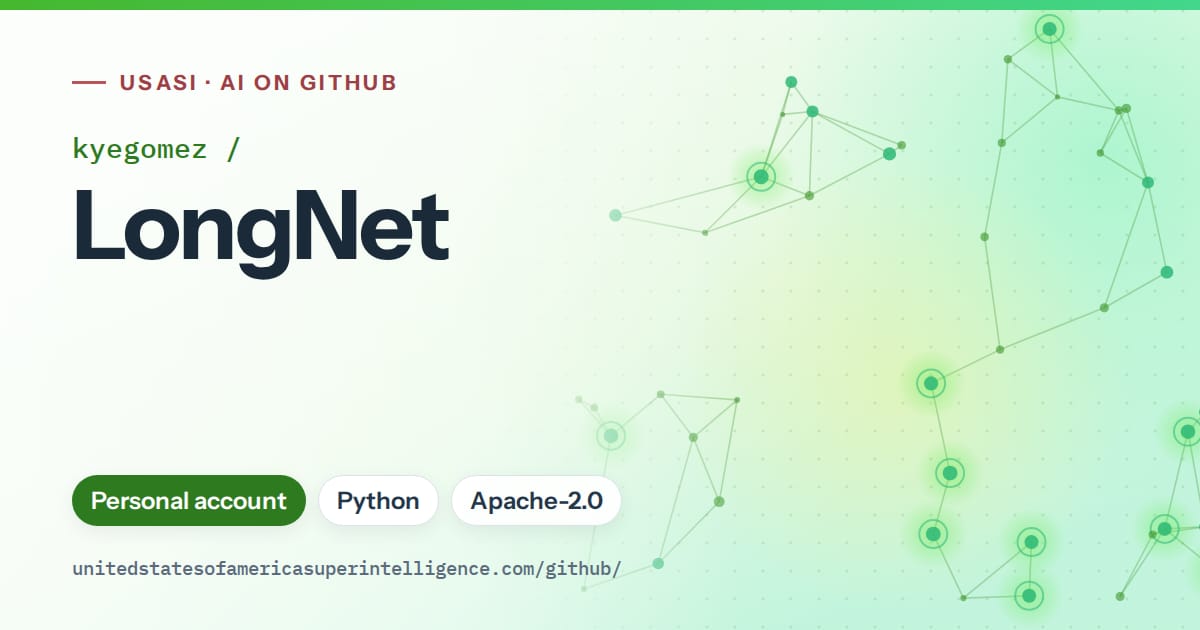 Generated green constellation network artwork for kyegomez/LongNet, labeled USASI · AI on GitHub, with Personal account · Python · Apache-2.0.
