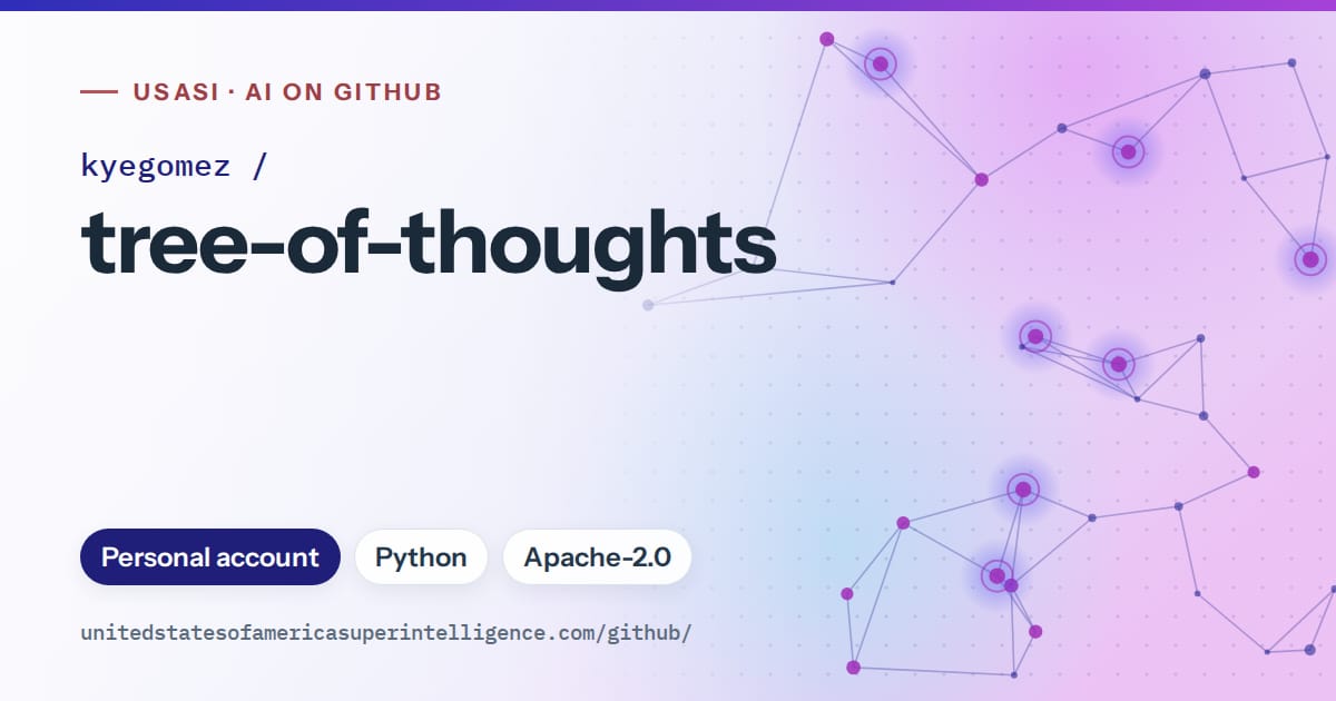 Generated blue constellation network artwork for kyegomez/tree-of-thoughts, labeled USASI · AI on GitHub, with Personal account · Python · Apache-2.0.