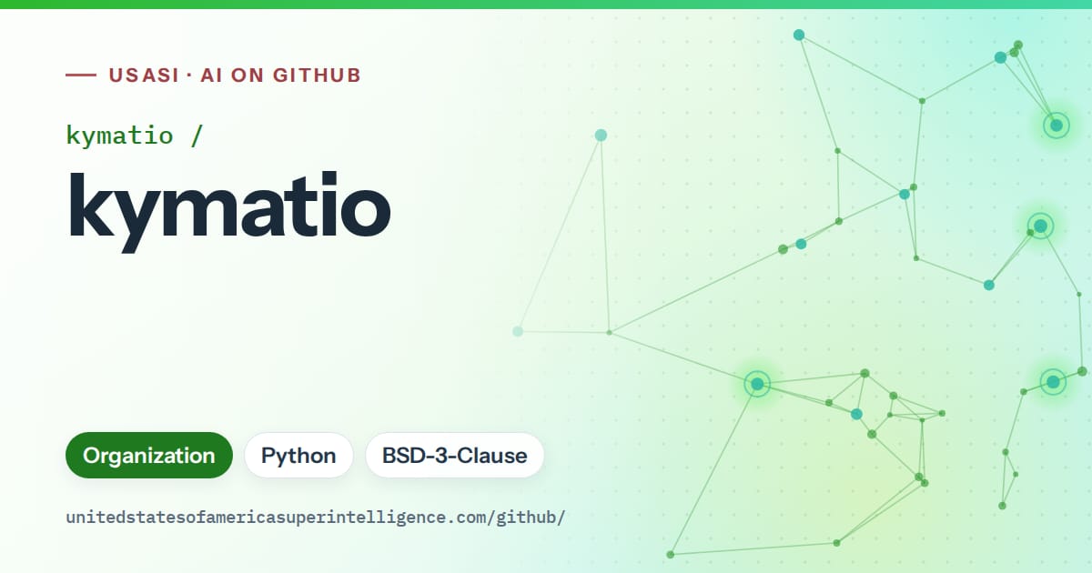 Generated green constellation network artwork for kymatio/kymatio, labeled USASI · AI on GitHub, with Organization · Python · BSD-3-Clause.
