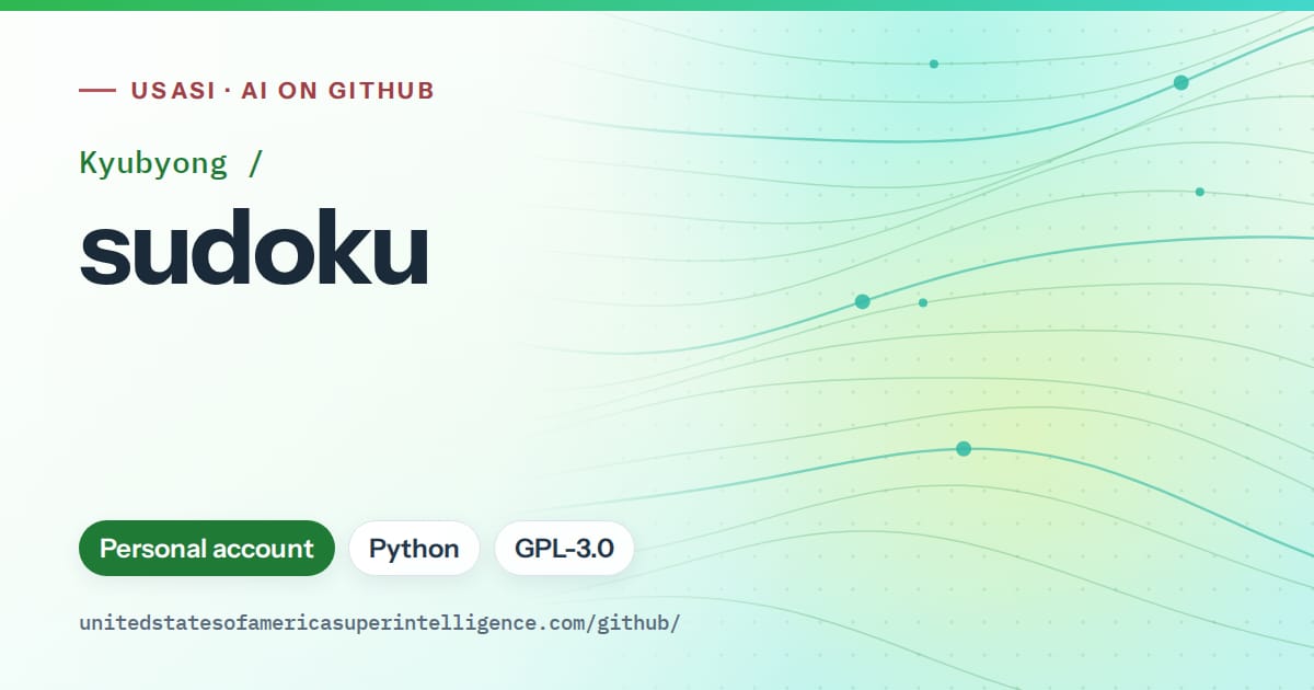 Generated green flowing-wave artwork for Kyubyong/sudoku, labeled USASI · AI on GitHub, with Personal account · Python · GPL-3.0.
