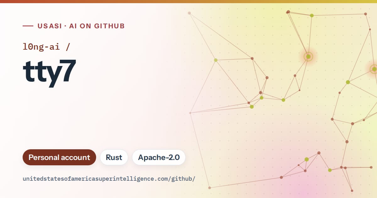 Generated red constellation network artwork for l0ng-ai/tty7, labeled USASI · AI on GitHub, with Personal account · Rust · Apache-2.0.