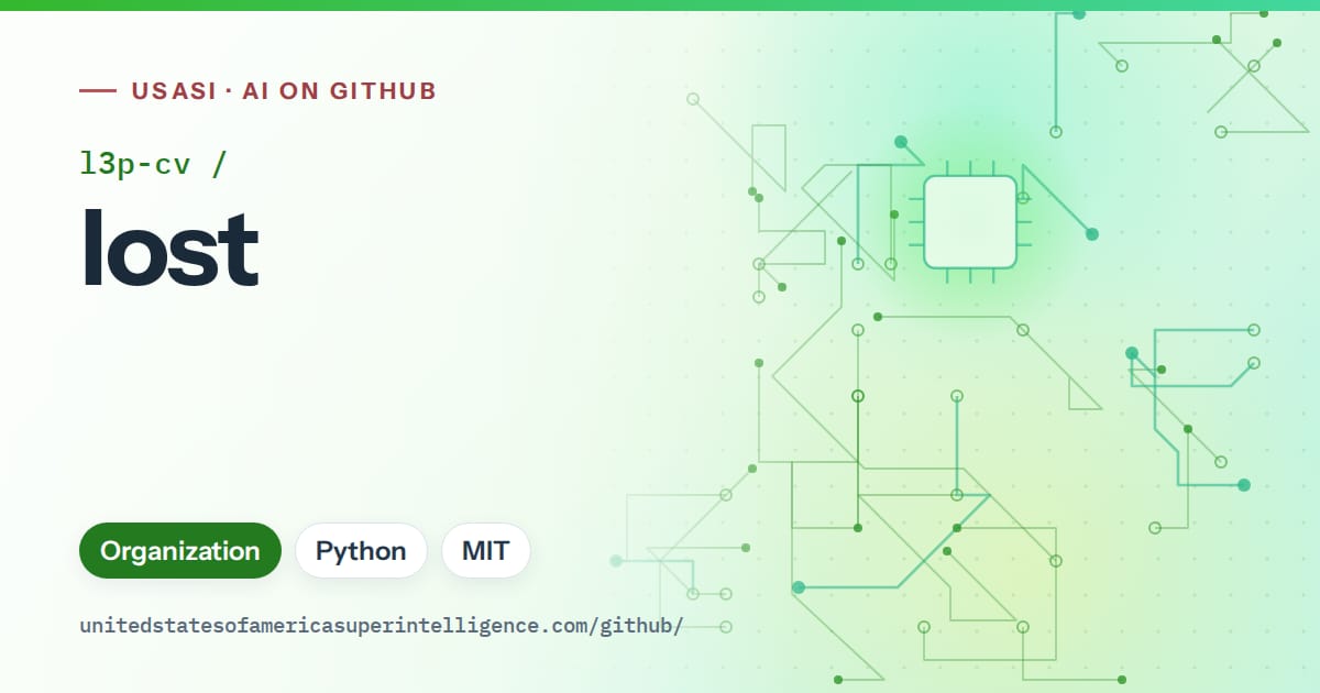 Generated green circuit-trace artwork for l3p-cv/lost, labeled USASI · AI on GitHub, with Organization · Python · MIT.