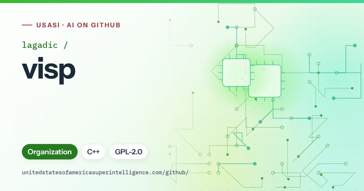 Generated green circuit-trace artwork for lagadic/visp, labeled USASI · AI on GitHub, with Organization · C++ · GPL-2.0.