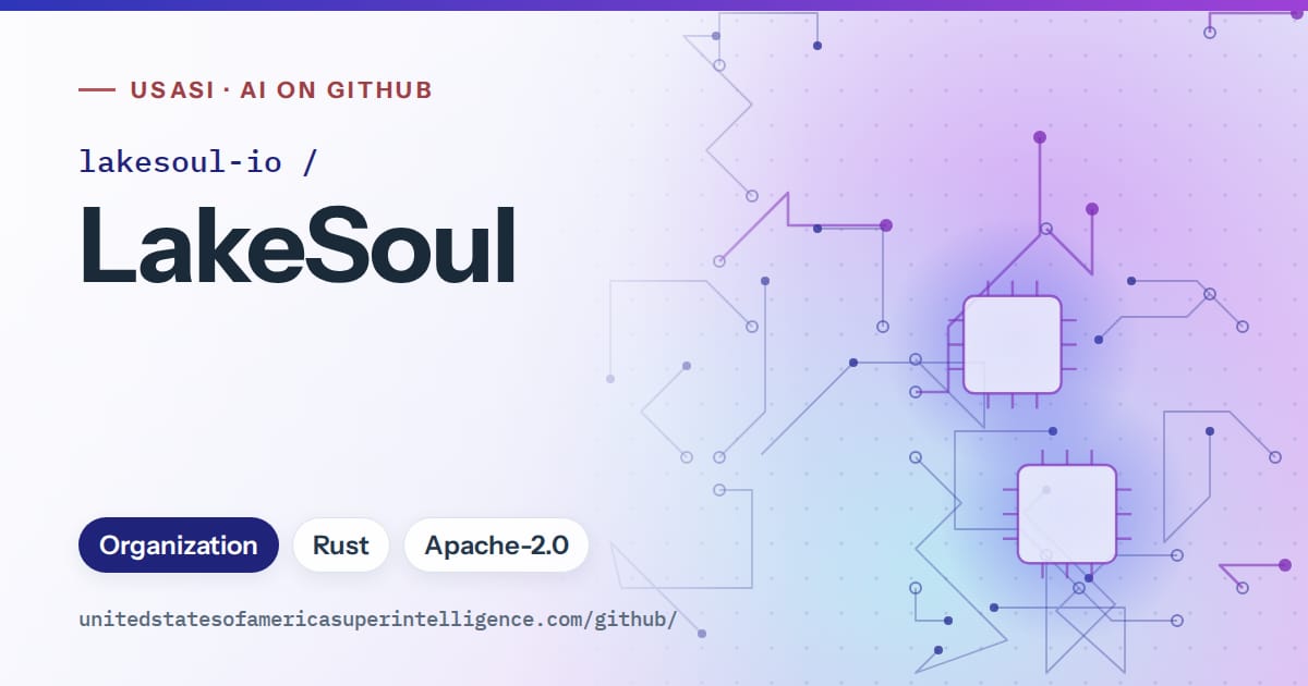Generated blue circuit-trace artwork for lakesoul-io/LakeSoul, labeled USASI · AI on GitHub, with Organization · Rust · Apache-2.0.